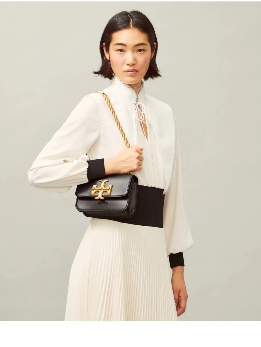 Tory Burch Elanor Black Leather Crossbody with Gold Logo and Chain
